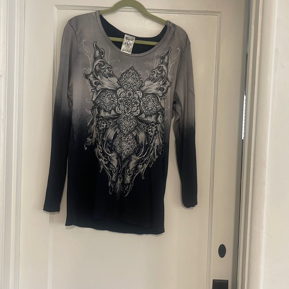 Vocal long sleeve shirt, grey and black with bling. Never worn